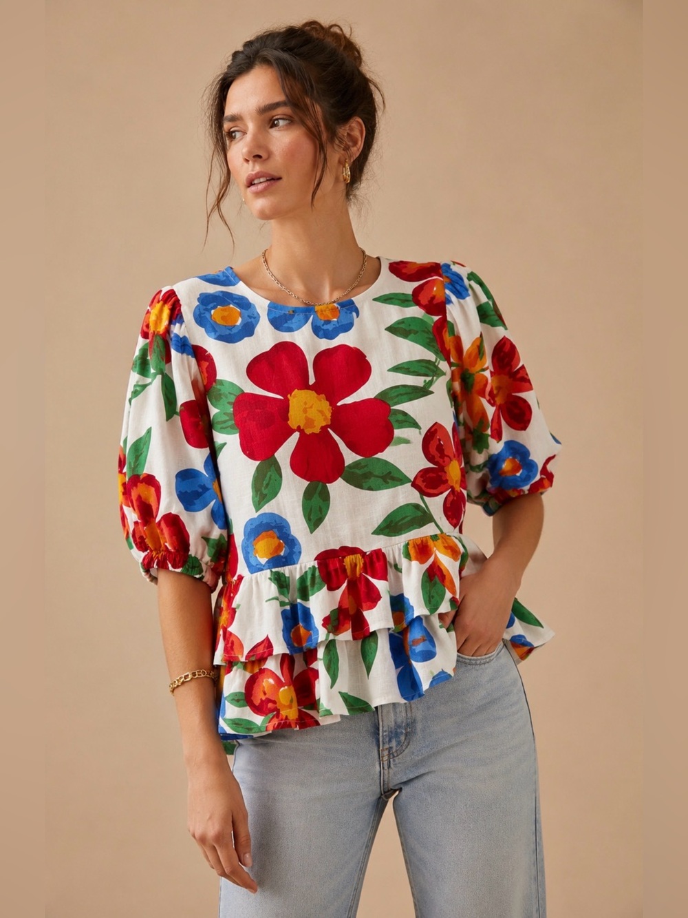 NWT THML Colorful Floral Tie Back Detail Peplum Blouse Size Small